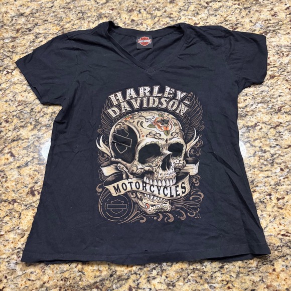 Harley-Davidson Tops - Harley-Davidson Jamaica V-Neck T-Shirt Womens Large Black Skull Wings ws